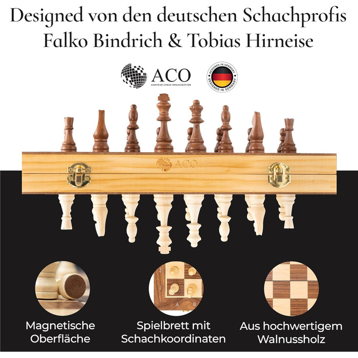 Шаховий набір ACO з шаховою книгою, 38 x 38 см: шахи та шашки з горіха, складаний, з магнітами та сумкою для перенесення