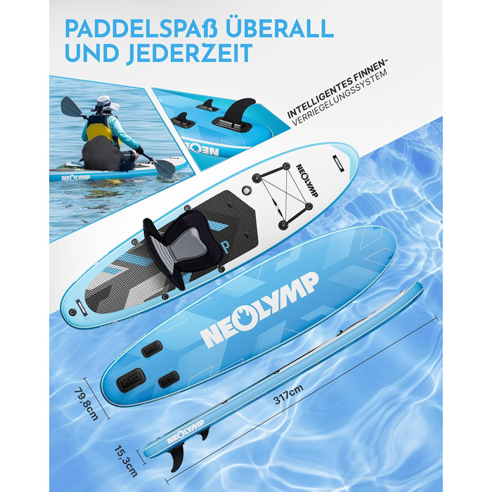Надувне SUP-борд NEOLYMP 315см – Комплект 13 предметів: SUP, каяк, насос, рюкзак, інструкція. Макс. вага 150кг, для дітей та дорослих. Паддлборд надувний блакитний