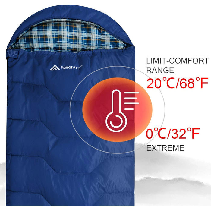Спальний мішок Forceatt 3-4 сезони, -5°C, фланель та поліестер, для дорослих, водонепроникний, теплий, для кемпінгу, відпочинку на природі та холодних умов. 10°-Морська хвиля