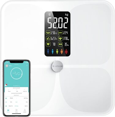 Розумна ваги Lepulse Lescale F4 з аналізом складу тіла, визначенням жиру та м'язової маси, ультраточна персональна вага з великим дисплеєм, 15 показників, біла
