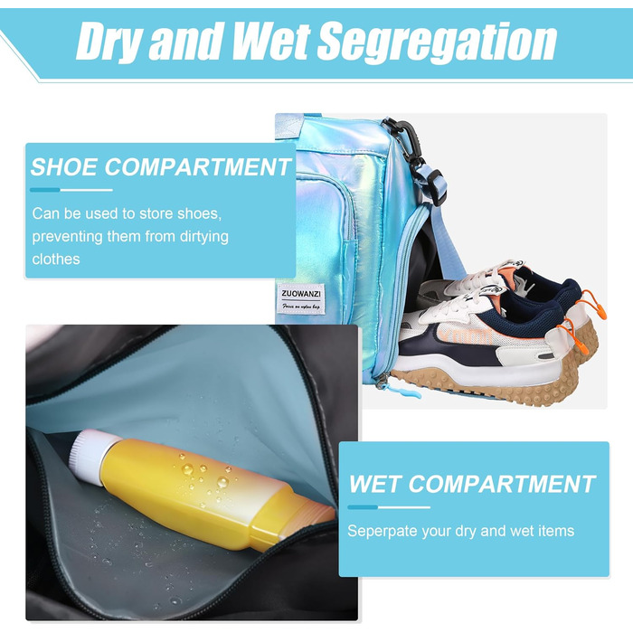 Спортивна сумка Tokeya для жінок з відділенням для взуття та мокрих речей, водонепроникна, блискуча, легка, складна, сумка-мішок для спорту, фітнесу, тренувань, подорожей (Блакитна)