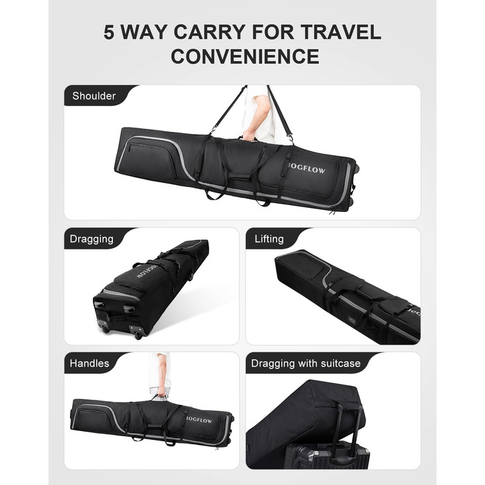 Скі-сумка Skitasche 360° з роликами, 1200D, чорна. Підходить для 175 см лиж