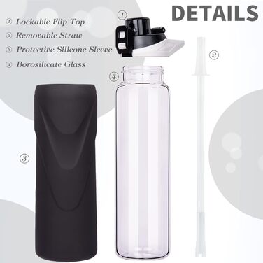 Спортивна скляна пляшка для води DEARRAY 1 л з трубочкою, герметична, BPA Free, силіконова оболонка, для смузі, фруктів і газованої води, чорна