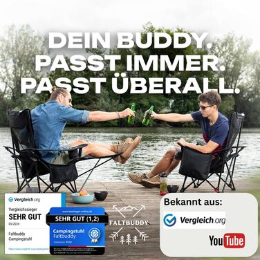 Крісло для кемпінгу Faltbuddy® 2-в-1: стілець та лежак, 180 кг, чорний, з великою сумкою-холодильником. Ідеально для риболовлі, пляжу, фестивалів та відпочинку на природі.
