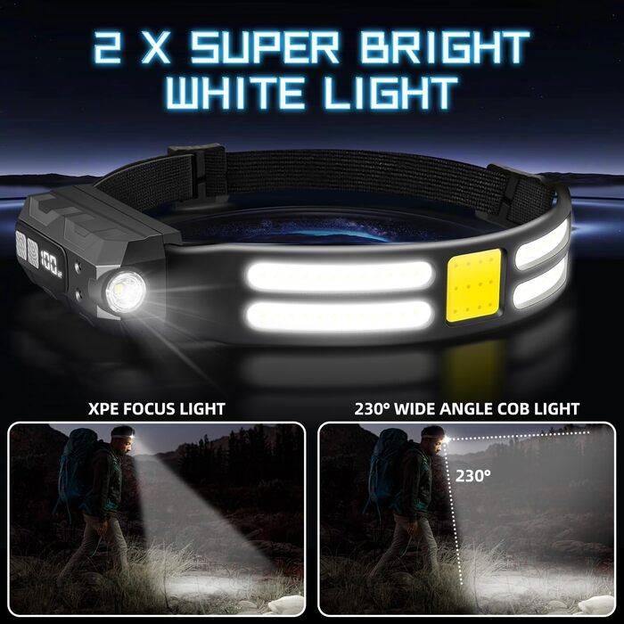 Налобний ліхтар LED, перезаряджається, 230° широкий кут огляду, 6 режимів світла, сенсор, водонепроникний, легкий, для бігу, риболовлі, туризму
