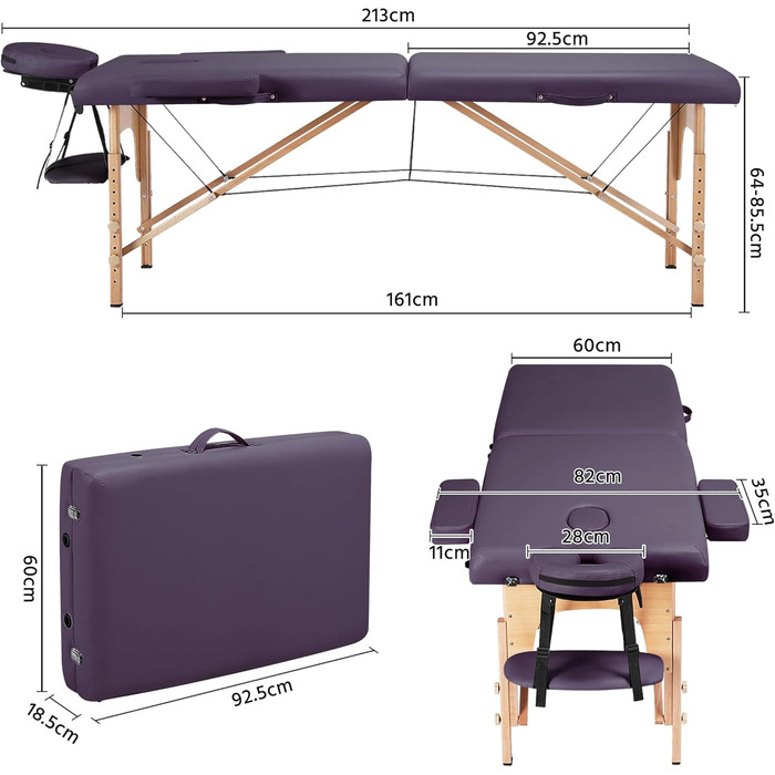 Масажне ліжко Yaheetech з 2 зонами, регульована висота, дерев'яні ніжки, з підголовником та підлокітниками, 213 x 82 x 85,5 см, до 250 кг