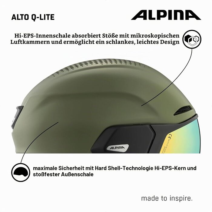 Гірськолижний шолом Alpina Alto Q-LITE для дорослих, ударопоглинаючий, з контрастною маскою, розмір L (59-63 см), колір olive matt