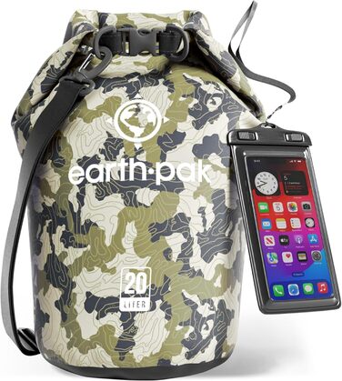 Earth Pak Packsack водонепроникний з плечовим ременем та водонепроникним чохлом для телефону – ідеальний рюкзак-ролтоп для каякінгу, хайкінгу, кемпінгу, риболовлі, катання на човні та рафтингу (Waldgrün, камуфляж, 20L)