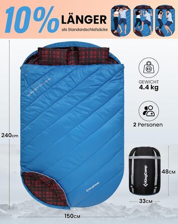 Спальний мішок KingCamp для 2 осіб з фланелі, зимовий, теплий, 3-4 сезони, з 2 подушками, для кемпінгу та відпочинку на природі (синьо-блакитний)