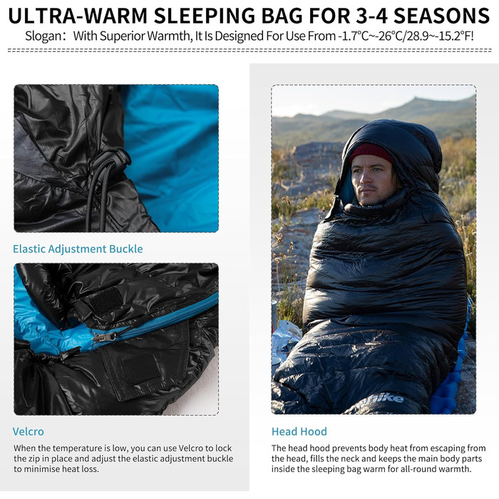 Сплячий мішок Naturehike 750FP, 4-сезонний, теплий зимовий, ультралегкий, компактний, з компресійним мішком для кемпінгу (CW700/Чорний/L)