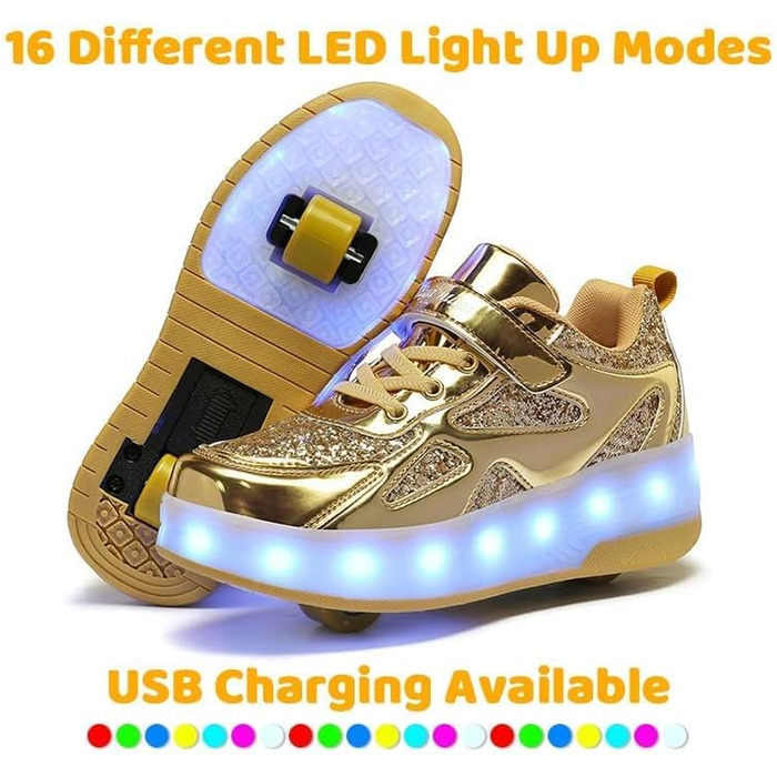 Роликові черевики для дітей з LED-підсвіткою, білі, регульовані, для занять спортом на відкритому повітрі (35 EU, Gold)