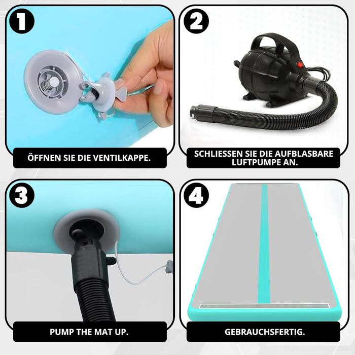 Гімнастичний надувний мат Airtrack 3м – для дітей та дорослих – з електричним насосом, для йоги та фітнесу, білий/бірюзовий
