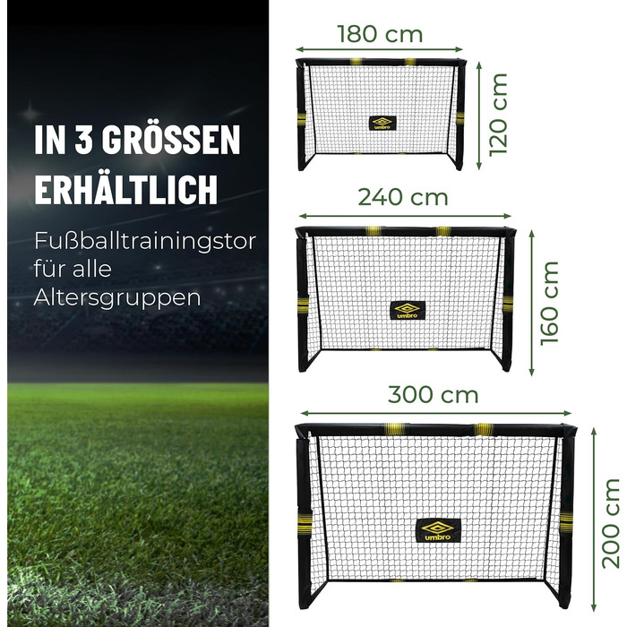 Футбольні ворота Umbro 180x120x60 см металеві для саду, дітей і дорослих, чорні/жовті, для тренувань, для вулиці та приміщення