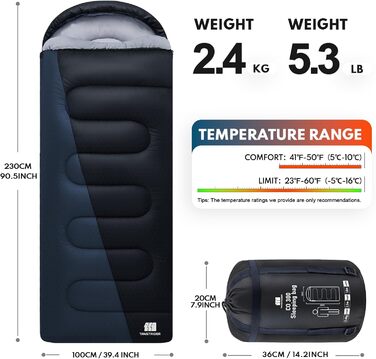 Спальний мішок 0°C XXL для дорослих, тепла погода, для кемпінгу, зими, походів, полювання, подорожей (2,4 кг, блакитний)