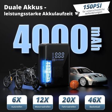 Електричний насос Oasser 150 PSI для велосипеда, авто, м'яча, кемпінгу з LED-ліхтариком