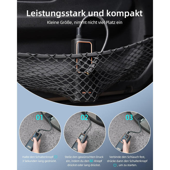 Електрична повітряна помпа 10.3 Bar з акумулятором, 6000mAh та 12V DC, для авто, мото, велосипеда, з LED-ліхтариком та автовимкненням (Оранжева, I7)