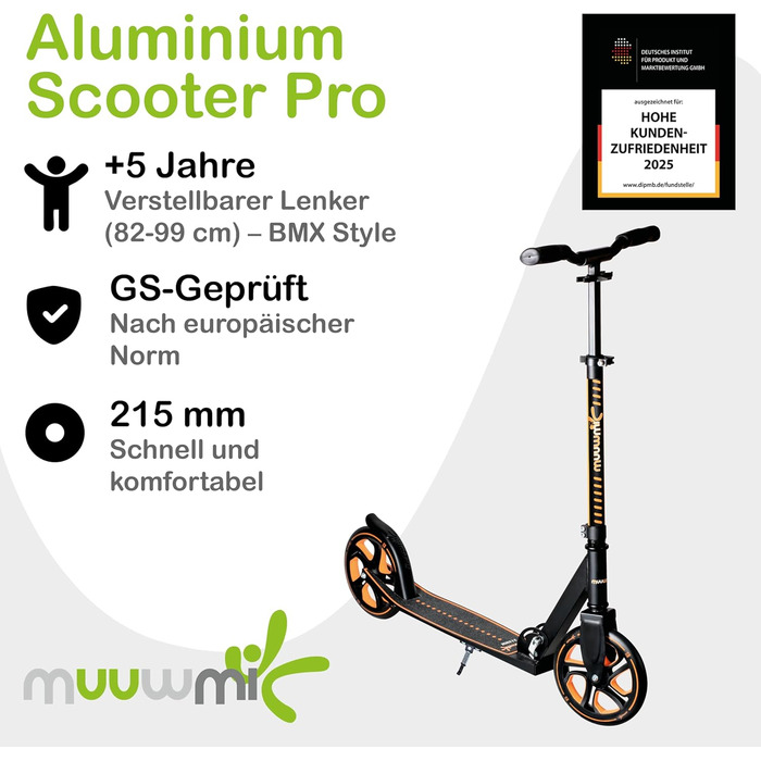 Скутер Muuwmi Pro з алюмінію – для дітей та дорослих, 215 мм, ABEC 7, регульована висота, GS-сертифікований, помаранчевий