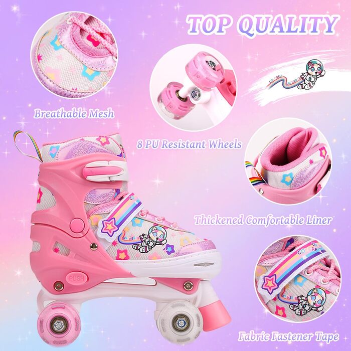 Роликові ковзани для дітей, ролики для дівчаток та початківців, регульовані, з підсвічуванням, дихаючі, для подарунка (рожеві)
