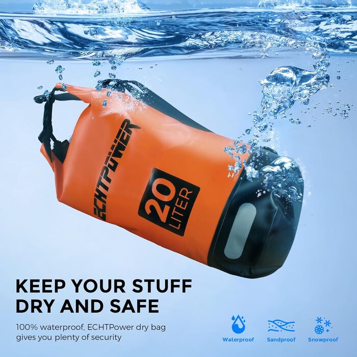 Водонепроникний мішок ECHTPower Dry Bag 5L/10L/20L для плавання, каякінгу, SUP з регульованим ремінцем та світловідбиваючими смугами (зелений, помаранчевий)