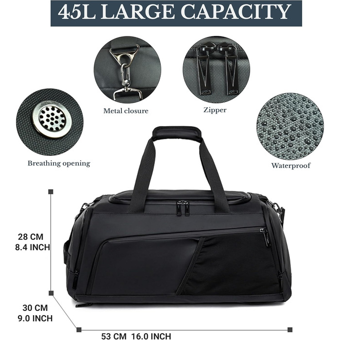 Спортивна сумка 3в1 з відділенням для взуття та мокрих речей – 45L, велика дорожня сумка для фітнесу, подорожей, плавання, сауни та футболу (для чоловіків та жінок)