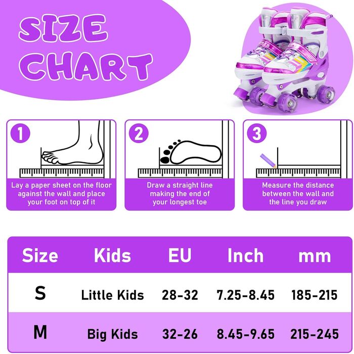 Дитячі ролики Kinder з регулюванням, 8 світлодіодних коліс, ролики Quad для дівчаток та хлопчиків, для початківців, внутрішнє та зовнішнє використання (S (EU28-32), фіолетовий)