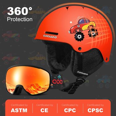 Дитячий гірськолижний шолом та маска Odoland, гірськолижний шолом для хлопчиків та дівчаток, регульований, помаранчевий (XS 49-53 см)