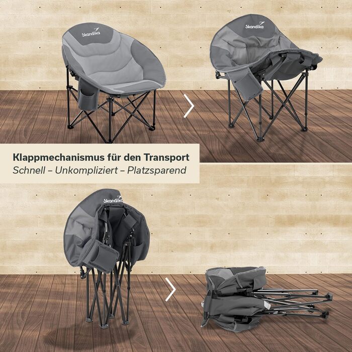 Крісло для кемпінгу Skandika Moonchair Sirkka, сіре, розкладне, з кишенею для охолодження, підстаканником, ручкою для перенесення та антиковзними ніжками, вантажопідйомність до 150 кг