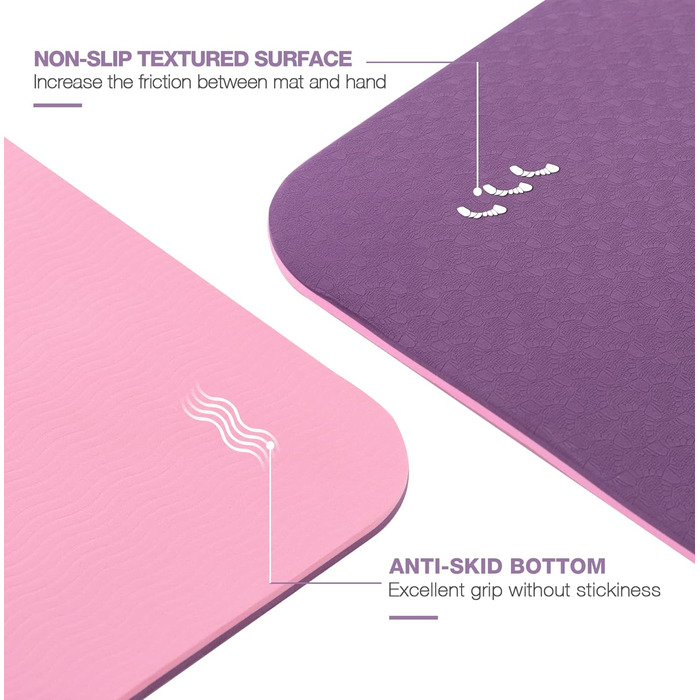Килимок для йоги Marjar з неслизьким покриттям, фітнес-килимок для занять гімнастикою та йогою, TPE, з ручкою для перенесення, 183x61x0.6/0.8/1 см, фіолетовий & рожевий