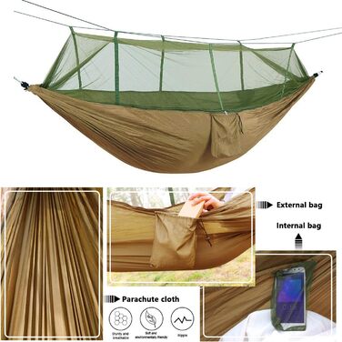 Гамак кемпінговий GOLDPOOL (275x140 см) Khaki, нейлон, 300 кг, 2 карабіни, 2 стропи