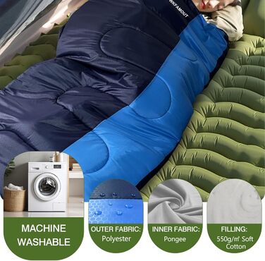 Спальний мішок Outdoor для дорослих, машинного прання, зимовий, водонепроникний, 3-4 сезони, з компресійним мішком. Температура комфорту: 0°C, 5°C. Розмір: 220x85 см. Чорний/Синій.