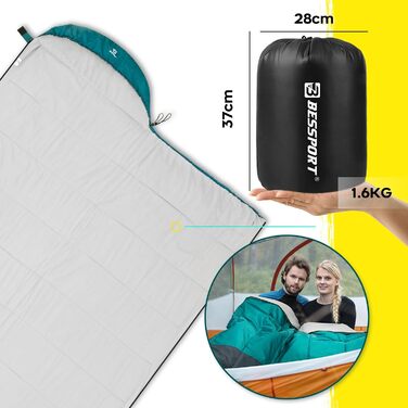 Спальний мішок Bessport Flannel для кемпінгу 3-4 сезони - 10°C-20°C | Зимовий, легкий, водонепроникний та теплий спальний мішок для дорослих та дітей, для подорожей з рюкзаком, кемпінгу, походів та подорожей. Фланелевий, блакитно-зелений (-5°C) (Поліестер