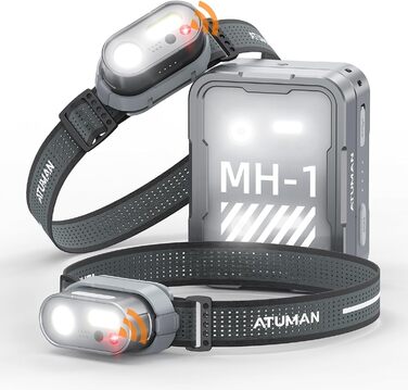 Налобний ліхтар ATuMan MH1 LED, 2 шт. з зарядним кейсом 6600mAh, 10 режимів світла, сенсор, IPX4, для кемпінгу/походів/бігу
