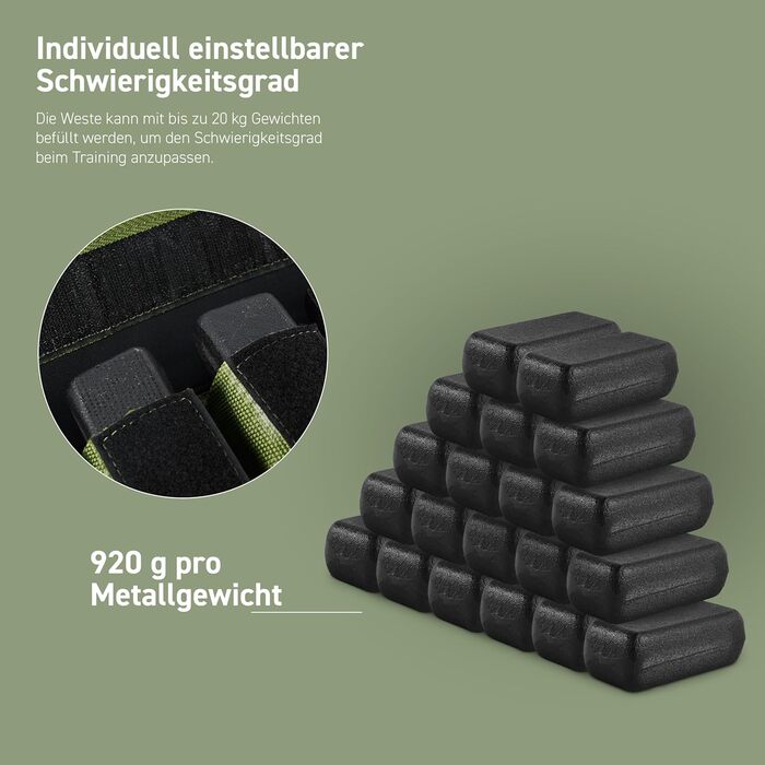 Вага для тренувань MSports Premium, регульована 5-30 кг, вага для бігу, фітнесу, силових тренувань (15 кг, Military Green)