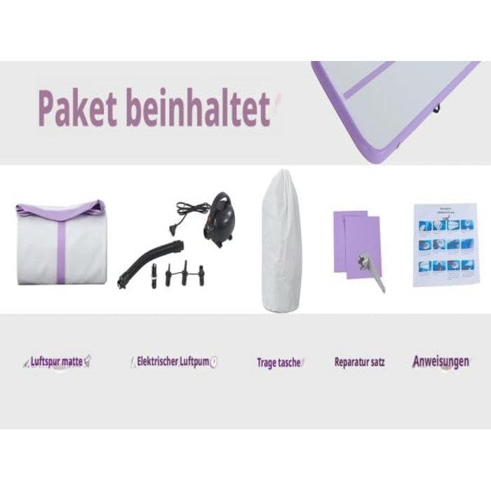 Гімнастичний мат Air Track для тумблінгу та йоги з електричним насосом, водонепроникний та протиковзний, фіолетовий (300x100x10 см)