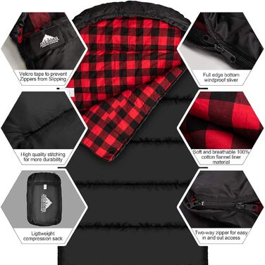 Спальний мішок Baumwoll-Flanell для дорослих: легкий, водонепроникний, 100% бавовна. Ідеально для кемпінгу, подорожей, відпочинку на природі. Чорний/Червоний