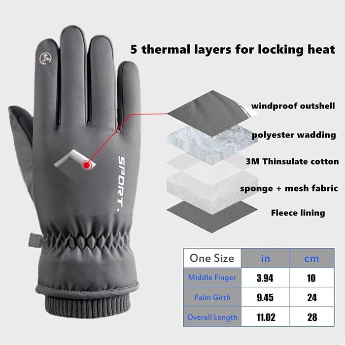 Чоловічі зимові рукавички KXF, шкіряні, з флісовою підкладкою, теплі, вітронепроникні, для їзди на велосипеді, водіння, бігу, кемпінгу та походів (Сірий)