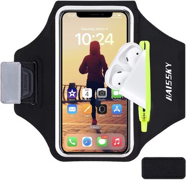 Спортивний браслет на руку для бігу з кишенькою для телефону та ключей, чорний. Сумісний з iPhone 17/16/15/14/13/12/11 Pro Max/Plus та іншими смартфонами до 6.9 дюймів