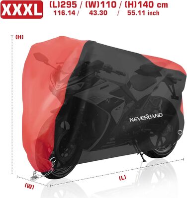 Водонепроникний чохол для мотоцикла NEVERLAND XXXL (255x75x145см), 300D Oxford, захисна навіс-гараж з замками та вітрозахистом, чорно-червоний