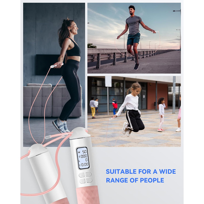 Стрибкове канат iMoebel з лічильником, регульований, швидкозмінний, сталевий трос, антиковзні ручки, підрахунок калорій, таймер для фітнесу, боксу, схуднення, кросфіту, рожево-білий
