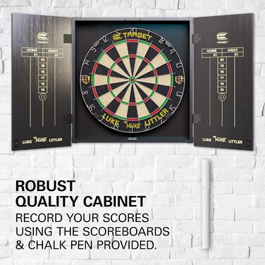 Професійний набір для дартсу Target Darts Luke Littler Kabinett & Dartboard Set 'The Nuke' з шафкою, двома наборами стілдарців та аксесуарами, ідеально підходить для гравців, включає пунктетаблиці, оригінальна гравецька версія