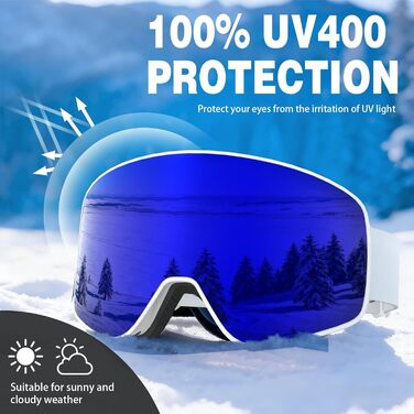 Скі-маска VCOROS з змінним склом, унісекс, захист від UV, проти запотівання, регульований ремінь, сноуборд маска 02-срібло/білий + лінза (VLT13 %) (05-REVO синій/білий + лінза (VLT19 %))