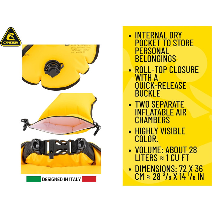 Буйок плавальний CRESSI Glide Pro 28L - сигнальний, надувний, жовтий для плавання, снорклінгу та триатлону