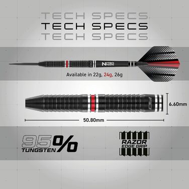 Професійні дартси Red Dragon Razor Edge ZX-95, вольфрамові, 24 г, з оперенням та стрижнями, для гри в дартс