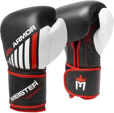 Боксерські рукавички Meister Gel Armor 16oz для тренувань з натуральної шкіри, чорні/червоні/білі, дорослі, з сітчастою сумкою
