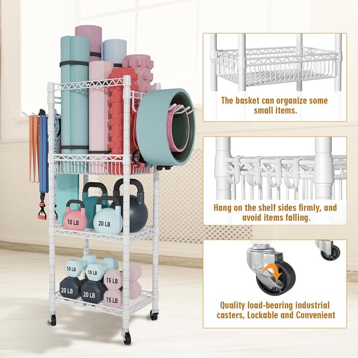 Органайзер для домашнього спортзалу FUTASSI S1, 3 яруси, на колесах, для килимків для йоги, ролерів, гантелей, гир та еластичних стрічок, 120 x 70 x 30 см, білий