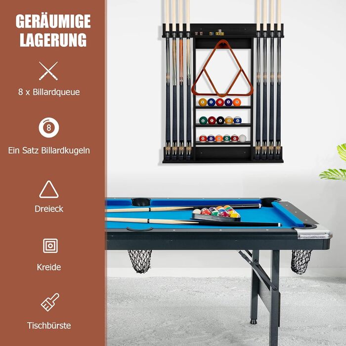 Стійка для київ GYMAX для 8 київ та аксесуарів для більярду, настінна, з дерева, для більярдних кімнат та клубів, 79 x 8 x 91 см (чорний)