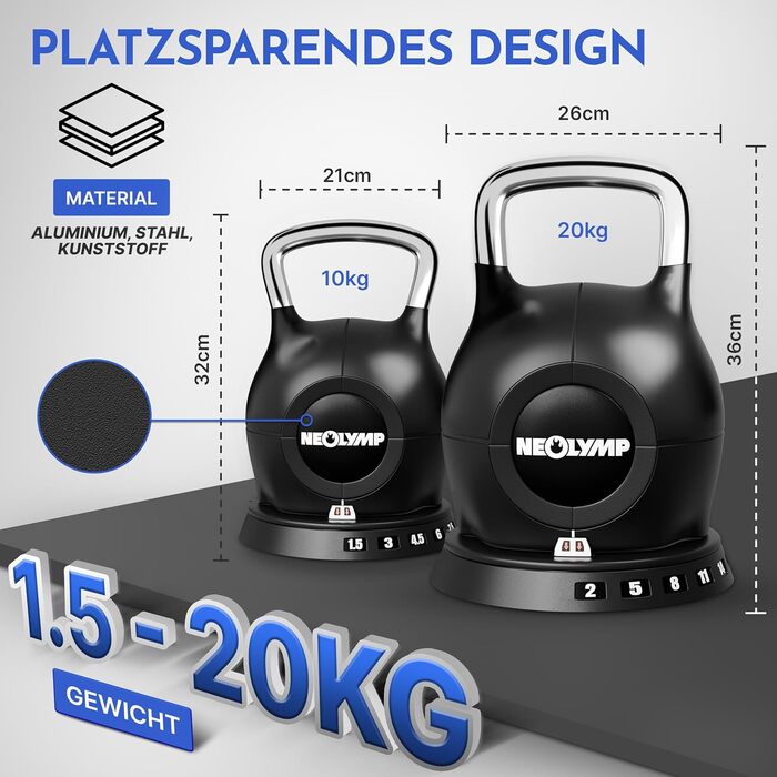 Набір гирь NEOLYMP 2-20 кг (7-в-1) регульовані для тренувань вдома - чавунні гирі з міцною нержавіючою ручкою для ефективних махів