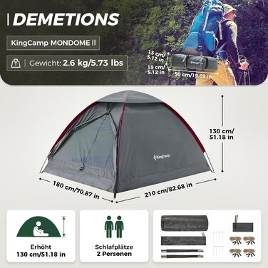 Намет KingCamp MONDOME II для 2 осіб - водонепроникний, легкий, компактний, для кемпінгу, трекінгу та відпочинку на природі (зелений/сірий)