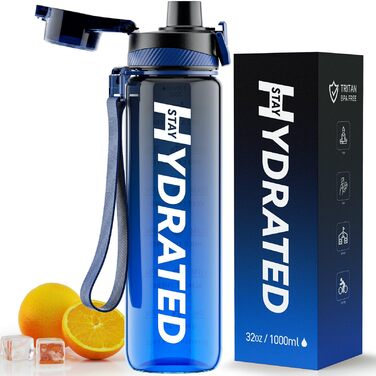 Спортивна пляшка для води 1л Tritan без BPA з маркуванням часу, 1000 мл, чорно-синя