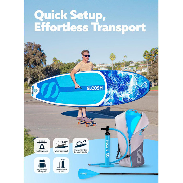 Надувна SUP-дошка SLOOSH 320 см з веслом, аксесуарами, рифленим EVA-покриттям, легкою сумкою і насосом для підлітків та дорослих
